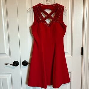 A.DREA Red cocktail Dress Beaded Criss-Cross Neck embellished sexy Medium Party